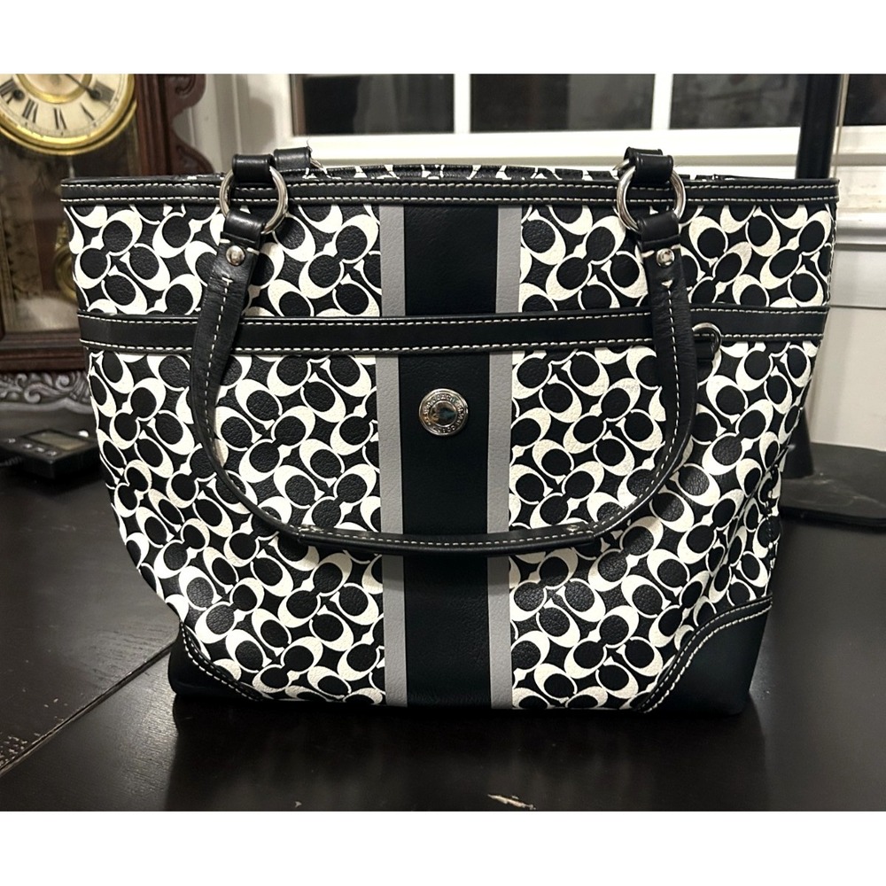 Coach Chelsea Heritage Signature Stripe Tote F15137 Black White Canvas Bag